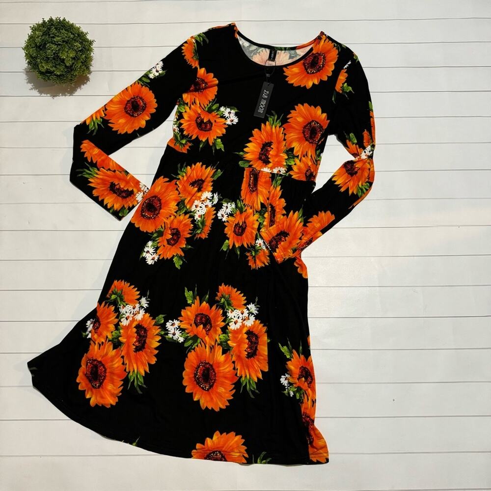 NWT Long Modest Black Bold Sunflower Floral Print Hersey Knit Dress Size Medium‎